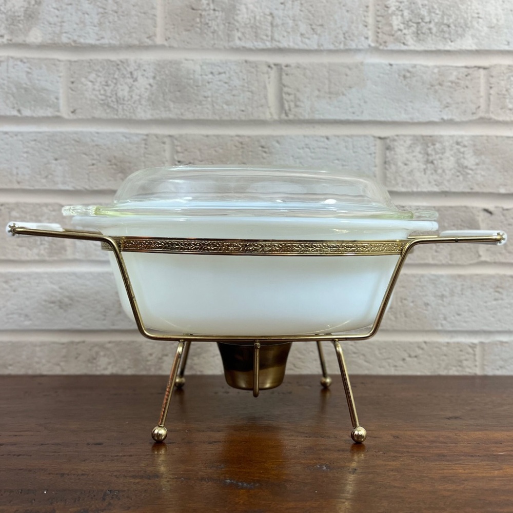 Vintage Mid Century Modern Fire King Casserole Chafing Dish Holder Candle Well - Picture 2 of 7